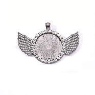 Alloy Pendant Cabochon Settings, with Crystal Rhinestone, Cadmium Free & Lead Free, Flat Round with Wing, Gunmetal, Tray: 30mm, 46x68x4mm, Hole: 5.5x3.5mm(PALLOY-S107-003A-B-RS)