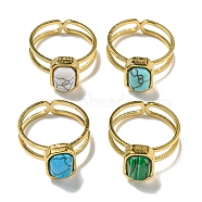 304 Stainless Steel Open Cuff Rings, Synthetic Malachite & Turquoise Rectangle Finger Rings for Women Men, Real 18K Gold Plated, Adjustable(RJEW-C079-03G)