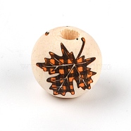 Schima Wood Beads, Round with Maple Leaf Plaid Patten, Peru, 15~16mm, Hole: 4mm(WOOD-TAC0007-45B)