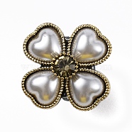 Alloy Shoe Buckle Clips, with Resin Pearl Beads & Glass Rhinestone, Heart-shaped Flower, for Shoes Bag Decoration, Antique Golden, 25.5x25.5x15mm(FIND-WH0111-33)