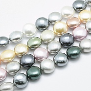 Shell Pearl Beads Strands, Polished, Flat Round, Mixed Color, 14x9~10mm, Hole: 1mm, about 27~29pcs/strand, 15.3 inch~16.1 inch(39~41cm)(BSHE-F001-01)