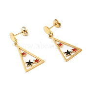 Enamel Triangle with Star Dangle Stud Earrings, Ion Plating(IP) 304 Stainless Steel Jewelry, Golden, 34x15mm(EJEW-M220-03G)