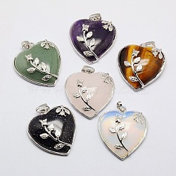 Heart Natural & Synthetic Mixed Stone Pendants, with Platinum Plated Brass Pendant Settings, 36x31~33mm, Hole: 6mm(GP356)