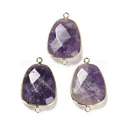 Natural Amethyst Faceted Connector Charms, Rack Plating Brass Teardrop Charms, Cadmium Free & Lead Free, 33.5~34x21x6~6.5mm, Hole: 2mm(G-F763-02G-04)