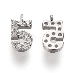 Brass Micro Pave Clear Cubic Zirconia Charms, Number, Platinum, Num.5, 9.5~10x4~6.5x2mm, Hole: 0.8mm(ZIRC-L075-60A-05P)