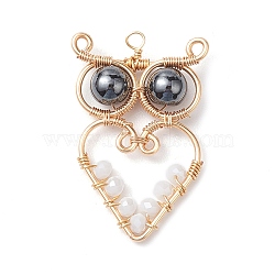 Glass Pendants, with Copper Wire, Owl, White, 31~32x21x6.3mm, Hole: 1.7~2.2mm(PALLOY-JF02718-02)