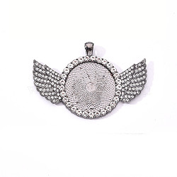 Alloy Pendant Cabochon Settings, with Crystal Rhinestone, Cadmium Free & Lead Free, Flat Round with Wing, Gunmetal, Tray: 30mm, 46x68x4mm, Hole: 5.5x3.5mm(PALLOY-S107-003A-B-RS)