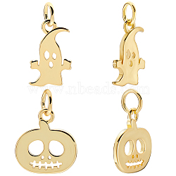 10Pcs 2 Styles Halloween Brass Charms, with Jump Ring, Long-Lasting Plated, Ghost & Skull Pumpkin Charms, Real 18K Gold Plated, 13~13.5x8.5~12x1mm, Hole: 3.5mm, 5pcs/style(KK-BBC0014-59)