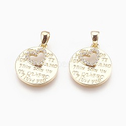 Brass Micro Pave Cubic Zirconia Pendants, Nickel Free, Real 18K Gold Plated, Flat Round with Word & Heart, Clear, 16x14x2mm, Hole: 2.5x3.5mm(X-ZIRC-R015-56G)