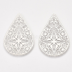 Brass Filigree Joiners Links, Etched Metal Embellishments, Teardrop, Platinum, 40x26.5x0.3mm, Hole: 0.9mm(X-KKC-T001-33P)