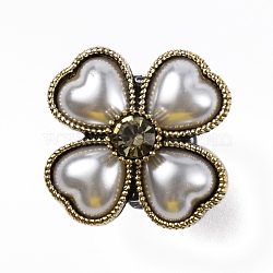 Alloy Shoe Buckle Clips, with Resin Pearl Beads & Glass Rhinestone, Heart-shaped Flower, for Shoes Bag Decoration, Antique Golden, 25.5x25.5x15mm(FIND-WH0111-33)