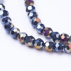 Electroplate Glass Beads Strands, AB Color, Faceted(32 Facets), Round, Black, 4mm, Hole: 1mm, about 88~90pcs/strand, 28~30cm(EGLA-J042-4mm-AB01)