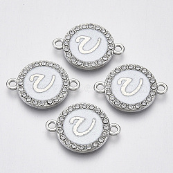 Alloy Enamel Links Connectors, with Crystal Rhinestones, Flat Round with Letter, Silver Color Plated, Letter.U, 22x16x2mm, Hole: 1.8mm(ENAM-TAC0003-01S-04U)