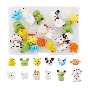 24Pcs 12 Style Handmade Bumpy Lampwork Beads Strands, Monkey & Panda & Frog, Mixed Color, 13~23x10~19.5x10.5~18mm, Hole: 1.2~3mm, 2pcs/style