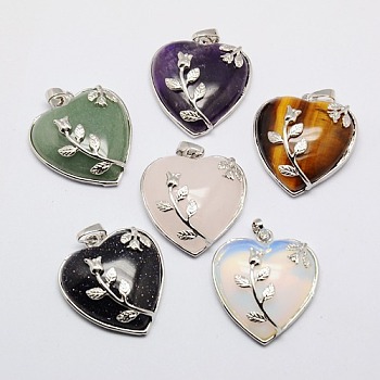 Heart Natural & Synthetic Mixed Stone Pendants, with Platinum Plated Brass Pendant Settings, 36x31~33mm, Hole: 6mm