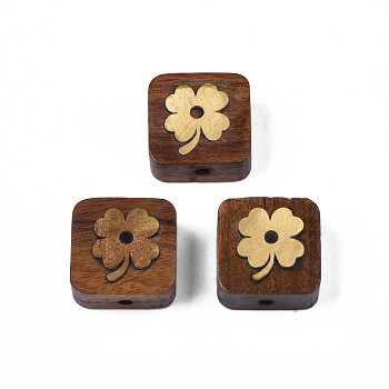 Natural Rosewood Undyed Beads, with Clover-Shaped Raw(Unplated) Brass Slices, Square, Saddle Brown, 14.5x14.5x7mm, Hole: 1.8mm