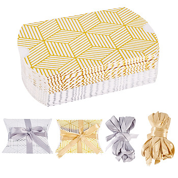 30 Sets 2 Colors Hot Stamping Pillow Cardboard Paper Printed Candy Boxes, with Ribbons, for Wedding Party, Mixed Color, 9x6.5x2.5cm, 15 sets/color