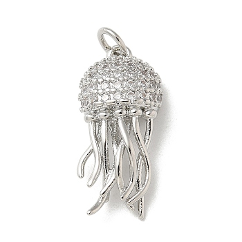 Brass Micro Pave Clear Cubic Zirconia Pendants, with Jump Ring, Sea Animals Charms, Jellyfish, 23x10.5x5mm, Hole: 3mm