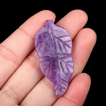 Natural Amethyst Carved Healing Leaf Stone, Reiki Energy Stone Display Decorations, for Home Feng Shui Ornament, 47x20~25x6mm