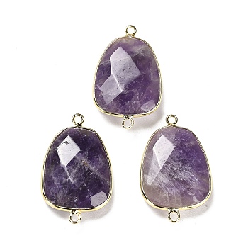 Natural Amethyst Faceted Connector Charms, Rack Plating Brass Teardrop Charms, Cadmium Free & Lead Free, 33.5~34x21x6~6.5mm, Hole: 2mm