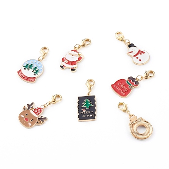 Christmas Themed Alloy Enamel Pendants, with Brass Lobster Claw Clasps, Mixed Shapes, Mixed Color, 36~39mm