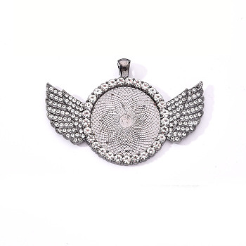 Alloy Pendant Cabochon Settings, with Crystal Rhinestone, Cadmium Free & Lead Free, Flat Round with Wing, Gunmetal, Tray: 30mm, 46x68x4mm, Hole: 5.5x3.5mm