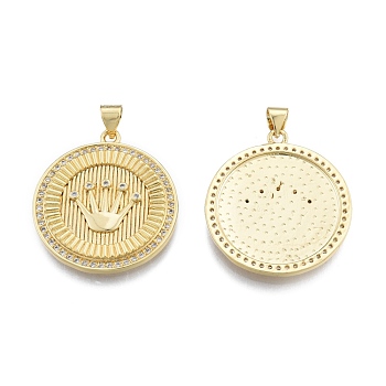 Brass Micro Pave Clear Cubic Zirconia Pendants, Flat Round with Crown, Real 18K Gold Plated, 28.5x25.5x2.5mm, Hole: 3.5x4mm