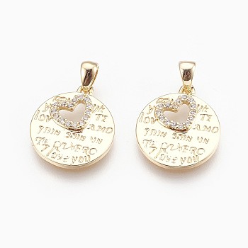 Brass Micro Pave Cubic Zirconia Pendants, Nickel Free, Real 18K Gold Plated, Flat Round with Word & Heart, Clear, 16x14x2mm, Hole: 2.5x3.5mm