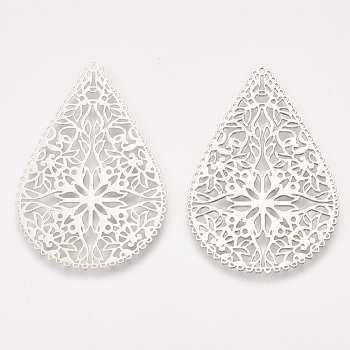 Brass Filigree Joiners Links, Etched Metal Embellishments, Teardrop, Platinum, 40x26.5x0.3mm, Hole: 0.9mm