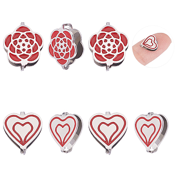 Unicraftale 8Pcs 2 Style 304 Stainless Steel Snap on Bails, with Enamel, Plum Blossom & Heart, Red, Stainless Steel Color, 11~12x10x3.5mm, Pin: 0.9mm, 4pcs/style