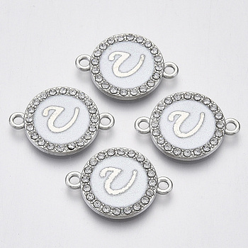 Alloy Enamel Links Connectors, with Crystal Rhinestones, Flat Round with Letter, Silver Color Plated, Letter.U, 22x16x2mm, Hole: 1.8mm