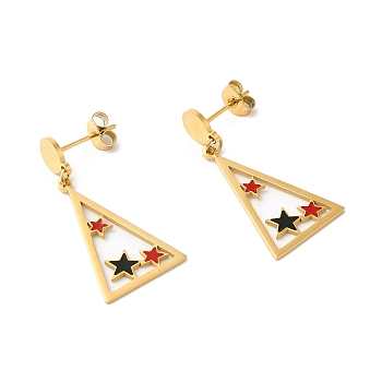 Enamel Triangle with Star Dangle Stud Earrings, Ion Plating(IP) 304 Stainless Steel Jewelry, Golden, 34x15mm