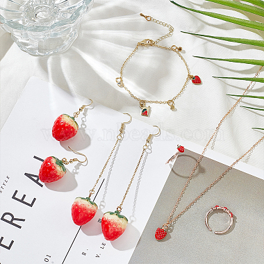 Strawberry Brass Enamel Pendant Necklace & Dangle Earrings & Open Cuff Ring & Charm Bracelet Jewelry Sets(SJEW-AN0001-35)-7