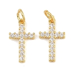Brass Micro Pave Clear Cubic Zirconia Pendants, Cross Charms, Long-Lasting Plated, Rack Plating, Cadmium Free & Lead Free, Golden, 16x9x1.6mm, Hole: 3.5mm(CU-CBA3D67-04G)