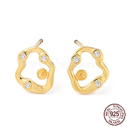 925 Sterling Silver Stud Earring Findings, with Micro Pave Clear Cubic Zirconia, Hollow Twist Oval, for Half Drilled Beads, with S925 Stamp, Real 18K Gold Plated, 9.5x8.5mm, Pin: 11x0.7mm and 0.7mm(STER-M115-08G)