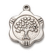 304 Stainless Steel Pendants, Flower with Tree of Life, Stainless Steel Color, 23x18.5x2.5mm, Hole: 1.5mm(STAS-I170-28P)