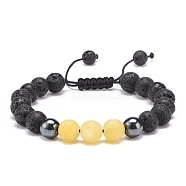 Gold Natural White Jade(Dyed) & Lava Rock & Synthetic Hematite Round Braided Bead Bracelet, Essential Oil Gemstone Jewelry for Women, Inner Diameter: 2~3 inch(5~7.6cm)(BJEW-JB08387-03)