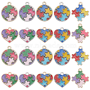 Nbeads 40Pcs 10 Style Alloy Enamel Pendants, Heart &Flat Round with Autism Puzzle Pattern Charm, Mixed Color, 19~25x20~22.5x1~1.5mm, Hole: 2mm, 4pcs/style(ENAM-NB0002-04)
