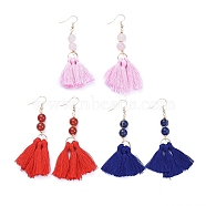 Dangle Earrings Sets, with Cotton Thread Tassels, Natural Gemstone Beads and Brass Earring Hooks, Mixed Color, Golden, 84mm, Pin: 0.6mm, 3pairs/set(EJEW-JE04103)