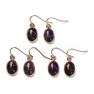 Natural Amethyst Dangle Earrings, Golden Brass Drop Earrings for Women, Oval, 28.5x11mm(EJEW-G413-01A-G)