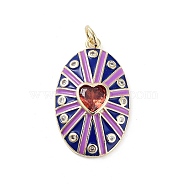 Rack Plating Brass Micro Pave Clear Cubic Zirconia Pendants, with Enamel, Long-Lasting Plated, Lead Free & Cadmium Free, Oval with Heart Charms, Royal Blue, 26x16x4mm, Hole: 3.5mm(KK-H474-23G-03)