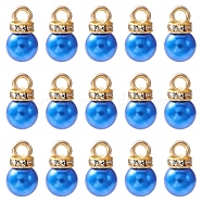 ABS Plastic Charms, with Golden Tone Iron Findings and Rhinestone, Dyed, Round Charm, Blue, 13.5x8mm, Hole: 2.5mm, about 15pcs/bag(KY-YW0001-24A)