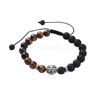 Tibetan Style Alloy Lion Adjustable Braided Bead Bracelets, with Natural Lava Rock & Tiger Eye Beads, Antique Silver, 2-3/8~3-5/8 inch(59~93mm)(BJEW-SZ0001-76)