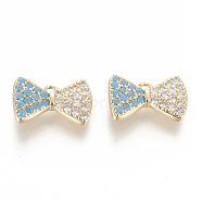 Brass Micro Pave Cubic Zirconia Charms, Bowknot, Golden, Sky Blue & Clear, 8x12.5x2.5mm, Hole: 1.2mm(ZIRC-F102-04B)