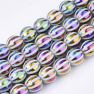 Electroplate Glass Beads Strands, Round with Stripe, Colorful, 10x9.5mm, Hole: 1.2mm, about 30pcs/strand, 11.2 inch(EGLA-S177-11B-05)