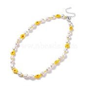 Natural Pearl Beaded Necklace, Handmade Flower Millefiori Glass Beads Necklace for Women, Silver, Yellow, 15.94 inch(40.5cm)(NJEW-TA00018-03)