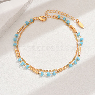 Fashionable Real 18K Gold Plated Brass Glass Double Layers Anklets for Women's Beachwear, Sky Blue, 8-1/8 inch(20.5cm)(HR3444-3)