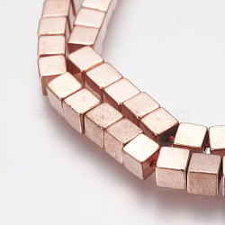 Non-Magnetic Synthetic Hematite Bead Strands, Cube, Rose Gold Plated, 4x4x4mm, Hole: 1mm, about 94pcs/strand, 15.7 inch(40cm)(X-G-G652-14RG)