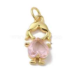 Rack Plating Brass Glass Pendants, Cadmium Free & Lead Free, Long-Lasting Plated, Real 18K Gold Plated, Human with Heart, Pink, 17.5x9.5x2mm, Hole: 3mm(KK-P272-18A-G02)