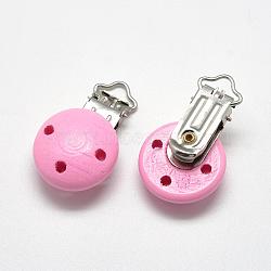 Dyed Wood Baby Pacifier Holder Clips, with Iron Clips, Pearl Pink, 48x29x19mm, Hole: 13.5x5mm(WOOD-Q025-04)